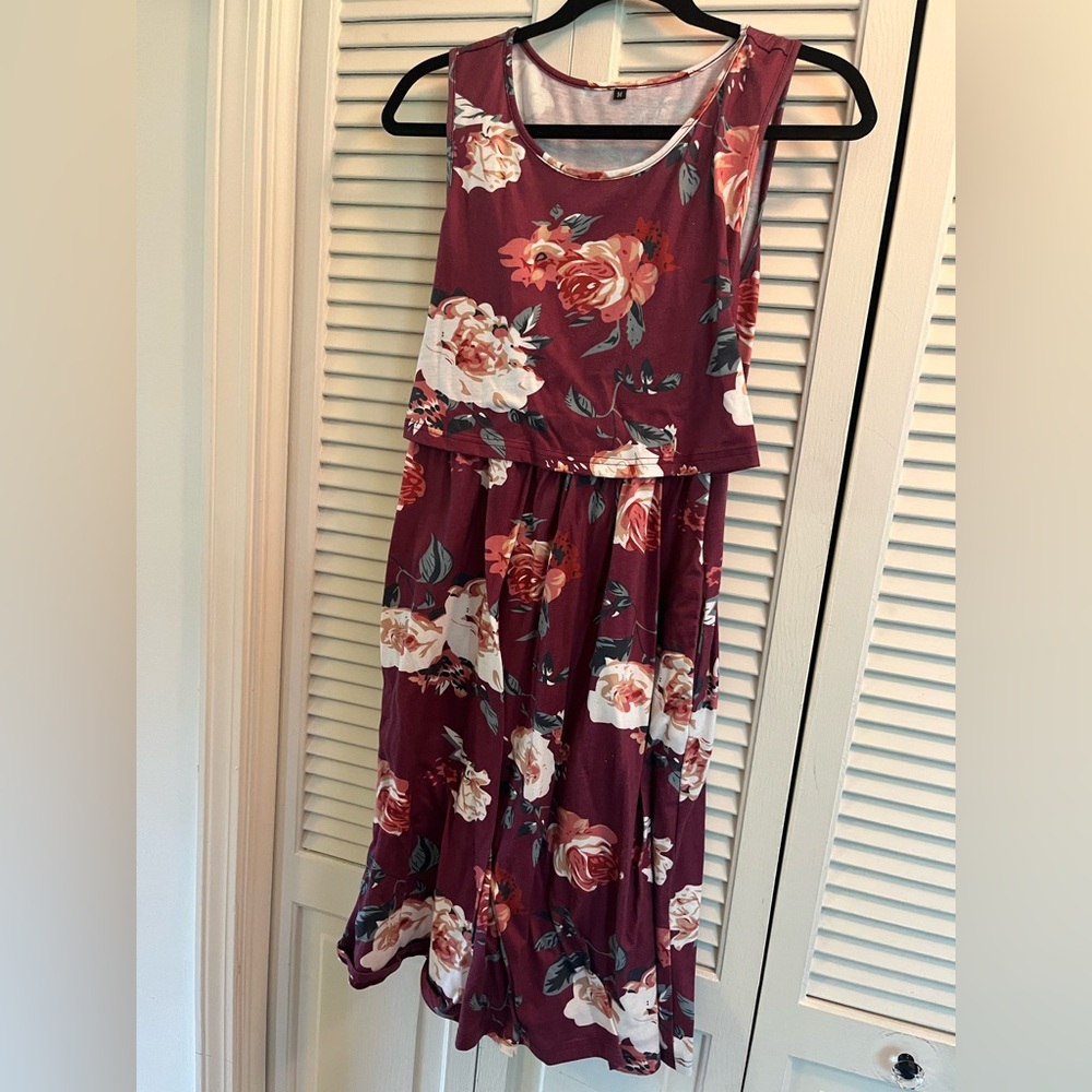 Floral Sleeveless Nursing Dress in Burgundy